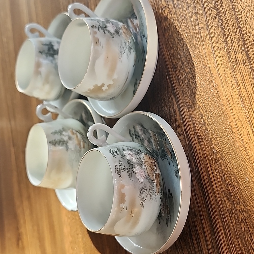 Kutani, Eggshell Pottery Set of 4 Antique Demitasse